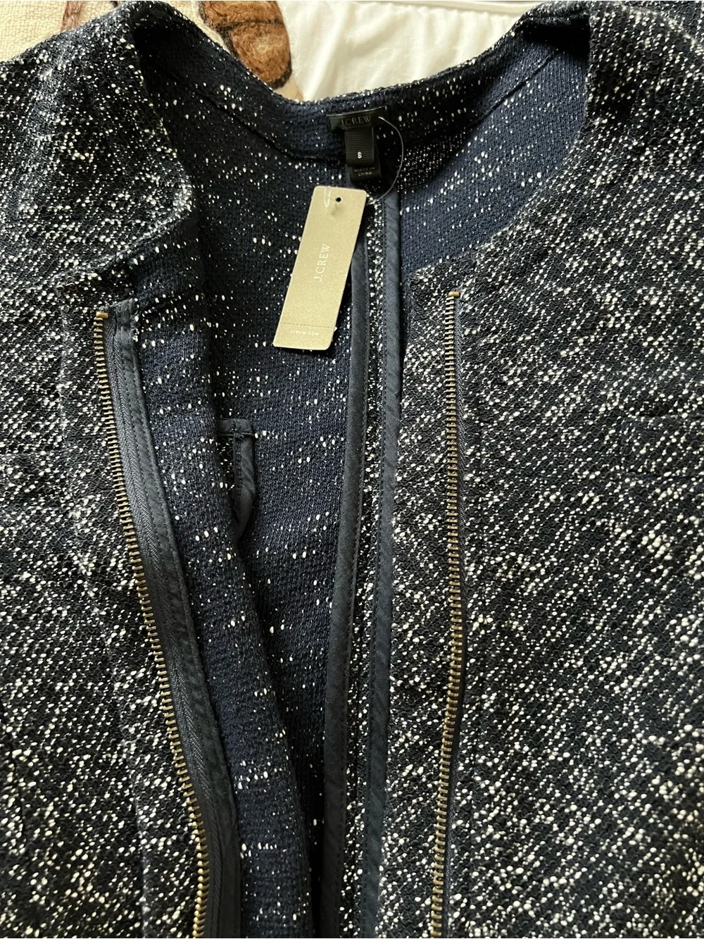 J. Crew Navy Blue & White Tweed Open-Front Zip Jacket